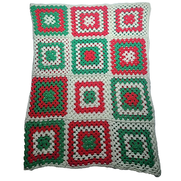 Holiday Christmas Handmade Granny Square Afghan Blanket Red White Green Silver - Picture 1 of 6